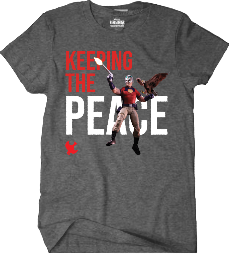 Peacemaker Keeping the Peace Action Figure T-Shirt (Heather Charcoal Gray) Peacefest Exclusive